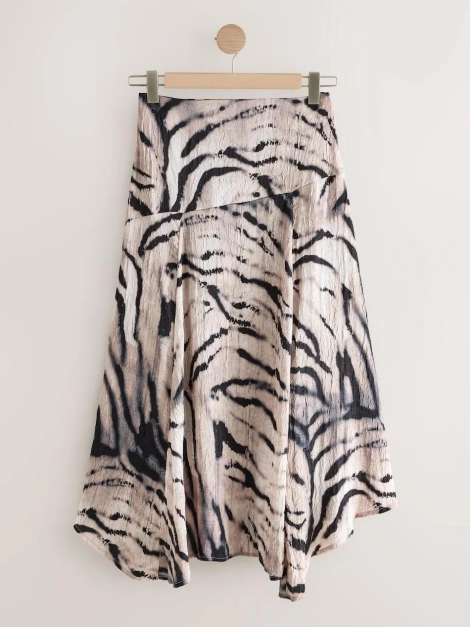 Next Crinkle Satin Asymetric Midi Skirt Ecru Zebra Print Online
