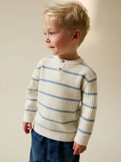 Next Knitted Stripe Henley Jumper (3mths-7yrs) Ecru/Blue Sale