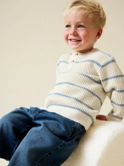 Next Knitted Stripe Henley Jumper (3mths-7yrs) Ecru/Blue Sale