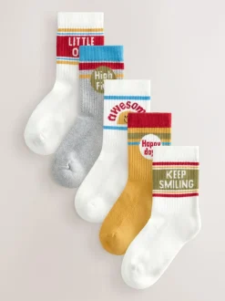 Next Ecru/Mustard/Red Retro Slogan Character Cotton Rich Socks 5 Pack