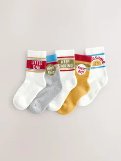 Next Ecru/Mustard/Red Retro Slogan Character Cotton Rich Socks 5 Pack