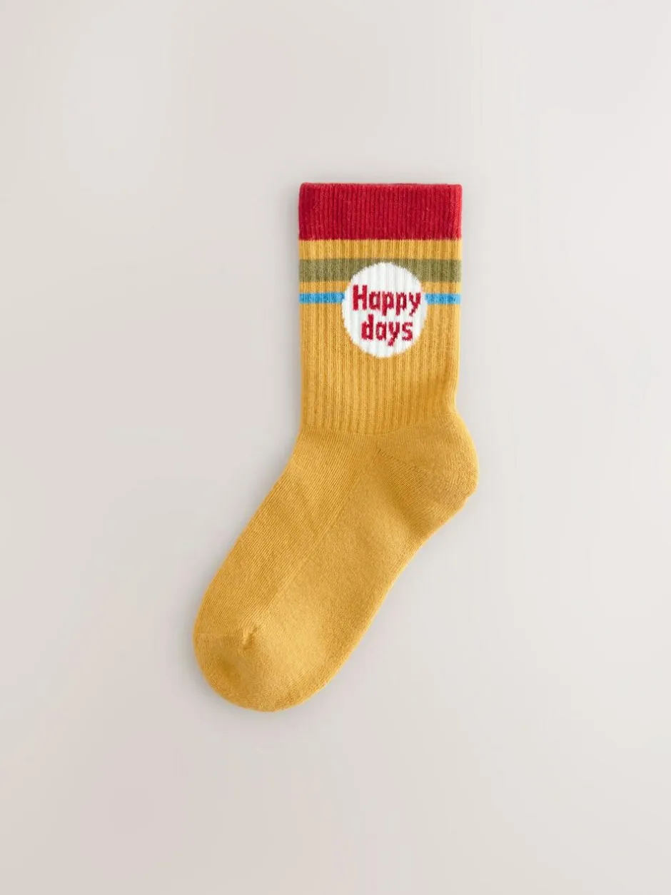 Next Ecru/Mustard/Red Retro Slogan Character Cotton Rich Socks 5 Pack