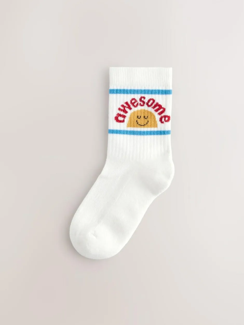 Next Ecru/Mustard/Red Retro Slogan Character Cotton Rich Socks 5 Pack