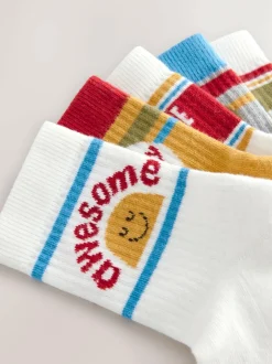Next Ecru/Mustard/Red Retro Slogan Character Cotton Rich Socks 5 Pack