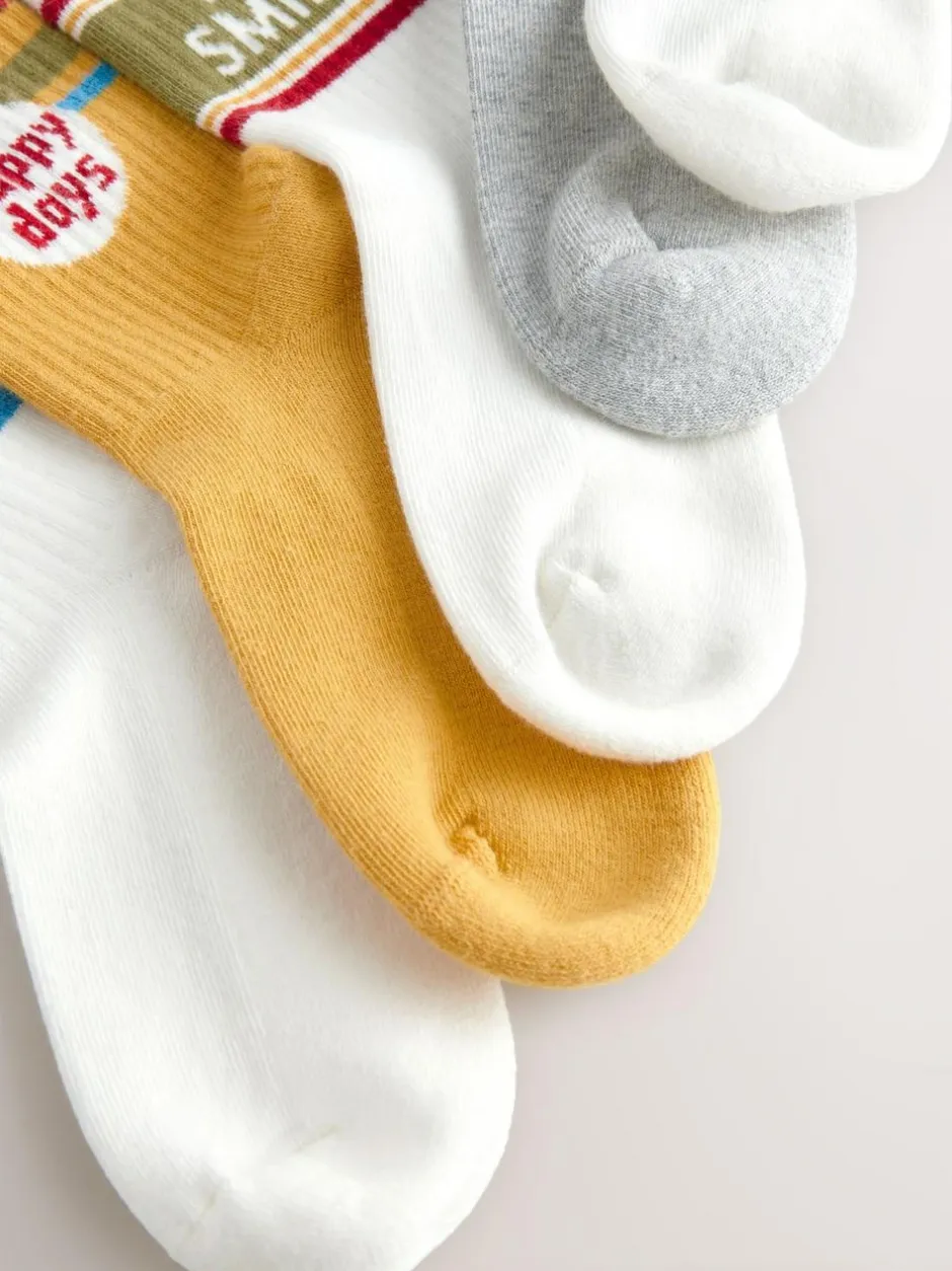 Next Ecru/Mustard/Red Retro Slogan Character Cotton Rich Socks 5 Pack