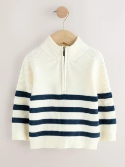 Next Knitted Quarter Zip Jumper (3mths-7yrs) Ecru/Navy Stripe Outlet