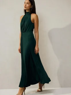 Next Emerald Green Textured Satin Halter Sleeveless Midi Dress New