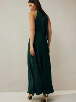 Next Emerald Green Textured Satin Halter Sleeveless Midi Dress New