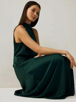 Next Emerald Green Textured Satin Halter Sleeveless Midi Dress New