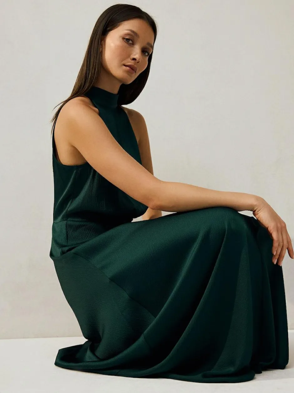 Next Emerald Green Textured Satin Halter Sleeveless Midi Dress New