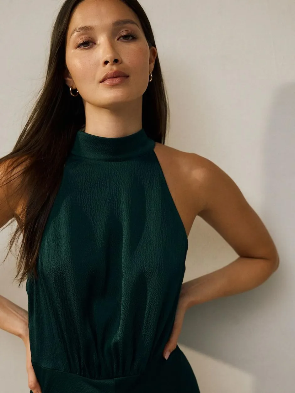 Next Emerald Green Textured Satin Halter Sleeveless Midi Dress New