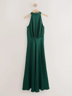 Next Emerald Green Textured Satin Halter Sleeveless Midi Dress New