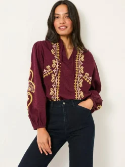 Fat Face FatFace Garratt Embroidered V-neck Blouse Burgundy Red Outlet