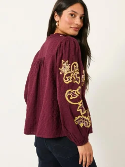 Fat Face FatFace Garratt Embroidered V-neck Blouse Burgundy Red Outlet