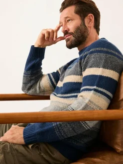 Fat Face FatFace Calder Stripe Crew Neck Knitted Jumper Navy Clearance