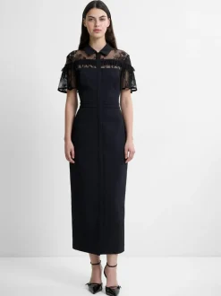 French Connection Black Miles Lace Mix Midi Dress Sale
