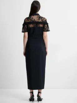 French Connection Black Miles Lace Mix Midi Dress Sale