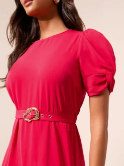 Friends Like These Ruched Short Sleeve Belted Midi Dress Berry Red New