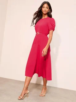 Friends Like These Ruched Short Sleeve Belted Midi Dress Berry Red New