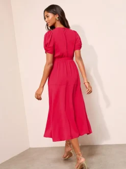 Friends Like These Ruched Short Sleeve Belted Midi Dress Berry Red New