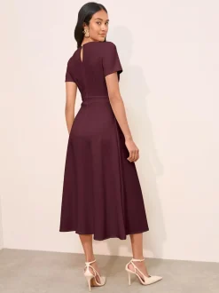 Friends Like These Petite Tab Detail Short Sleeve Midi Tailored Dress Berry Red Hot