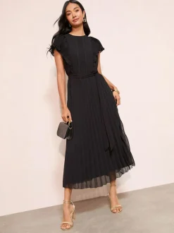 Friends Like These Black Curve Chiffon Pleated Lace Insert Midi Dress New