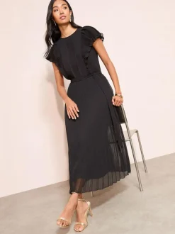 Friends Like These Black Curve Chiffon Pleated Lace Insert Midi Dress New