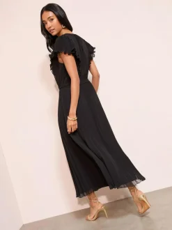 Friends Like These Black Curve Chiffon Pleated Lace Insert Midi Dress New