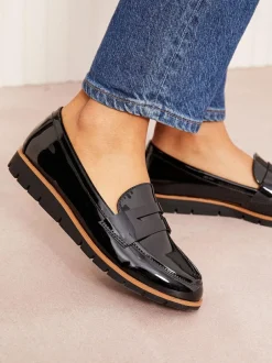 Friends Like These Black Wide Fit Comfort Patent Faux Leather Flat Loafers Discount