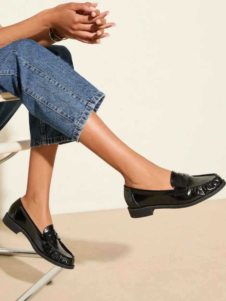 Friends Like These Flat Ruched Comfort Slip On Penny Loafers Black New