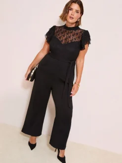 Friends Like These Black Curve Lace Scuba Mix Frill Sleeve Jumpsuit