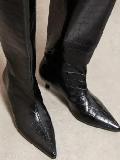 Friends Like These Black Faux Croc Leather Kitten Heel Formal Knee High Shaft Long Boots New