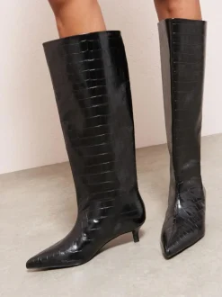 Friends Like These Black Faux Croc Leather Kitten Heel Formal Knee High Shaft Long Boots New