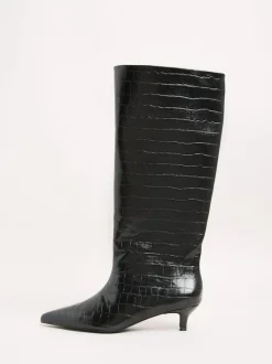 Friends Like These Black Faux Croc Leather Kitten Heel Formal Knee High Shaft Long Boots New