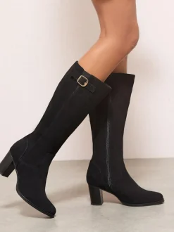 Friends Like These Standard fit Standard / Wide Fit Faux Suede Mid Heel Buckle Smart Knee High Boots Black Outlet