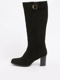 Friends Like These Standard fit Standard / Wide Fit Faux Suede Mid Heel Buckle Smart Knee High Boots Black Outlet