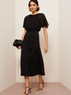 Friends Like These Scuba Chiffon Flutter Sleeve Midi Dress Black Online