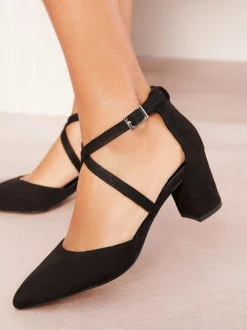 Friends Like These Standard Fit Block Heel Cross Strap Court Shoes Black Clearance