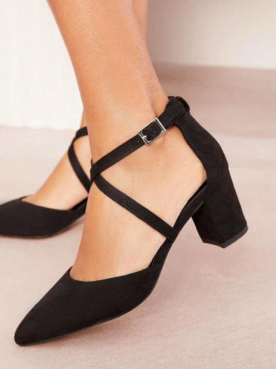 Friends Like These Standard Fit Block Heel Cross Strap Court Shoes Black Clearance