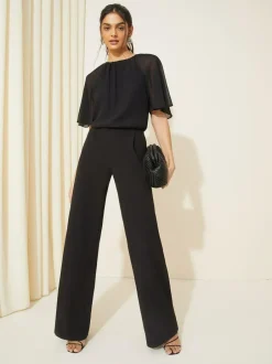 Friends Like These Chiffon Flutter Sleeve Scuba Jumpsuit Black Sale