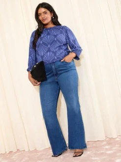 Friends Like These Curve 3/4 Sleeve Shirred Cuff Blouse Blue Fan Print Discount