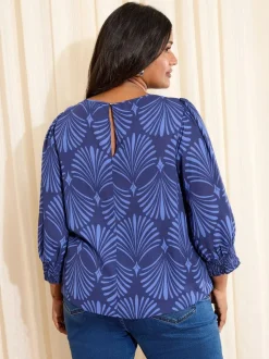 Friends Like These Curve 3/4 Sleeve Shirred Cuff Blouse Blue Fan Print Discount