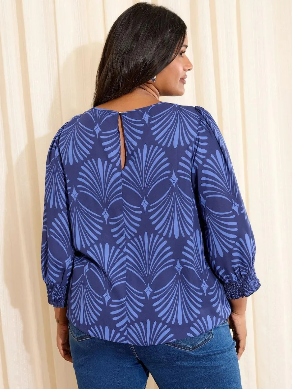 Friends Like These Curve 3/4 Sleeve Shirred Cuff Blouse Blue Fan Print Discount