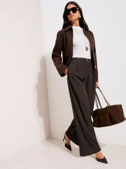 Friends Like These Petite Crinkle Jersey Wide Leg Trousers with Buckle Front Brown Sale