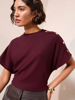 Friends Like These Button Detail Short Sleeve Top Burgundy New