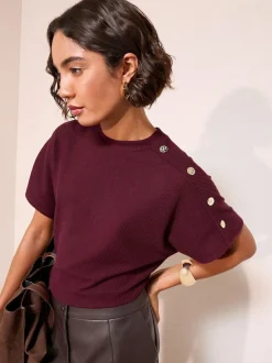 Friends Like These Button Detail Short Sleeve Top Burgundy New