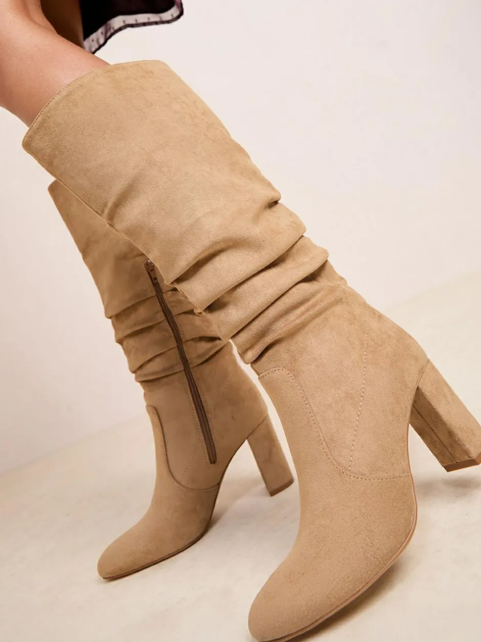 Friends Like These Standard fit Ruched Block Heel Knee High Long Faux Suede Boots Camel New