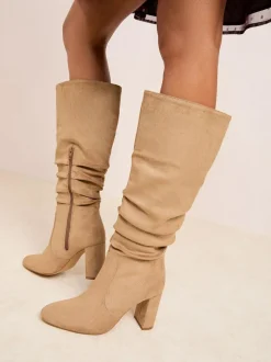 Friends Like These Standard fit Ruched Block Heel Knee High Long Faux Suede Boots Camel New