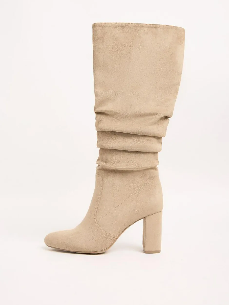 Friends Like These Standard fit Ruched Block Heel Knee High Long Faux Suede Boots Camel New