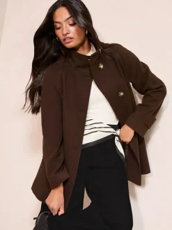 Friends Like These Funnel Neck Button Front Mid Length Coat Chocolate Brown Clearance